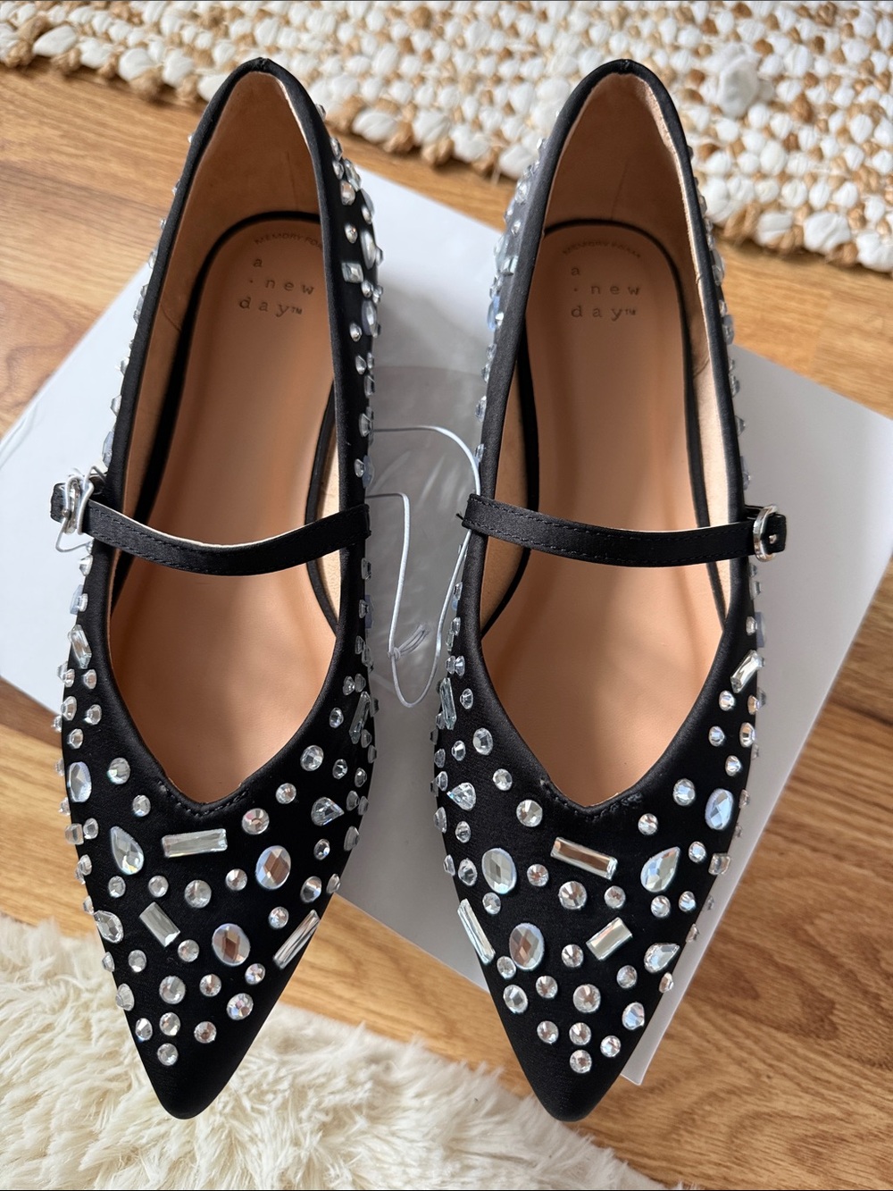 a new day Black Jeweled Pointed Mary Jane Flats